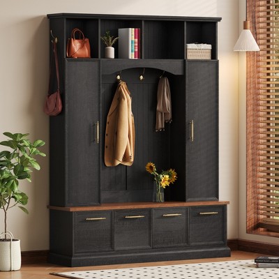 KWPZQEB Multi-Functional 59'' Wide Hall Tree, Entryway Cabinet Coat Hanger with Shoe Rack Bench, Coat Hooks and Open Compartments for Hallway