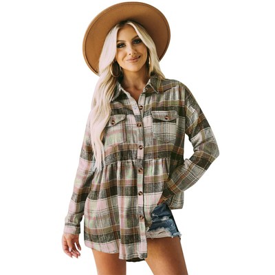 Clearlove Plaid Shirts for Women Oversized Button Down Lapel Blouse with Pockets