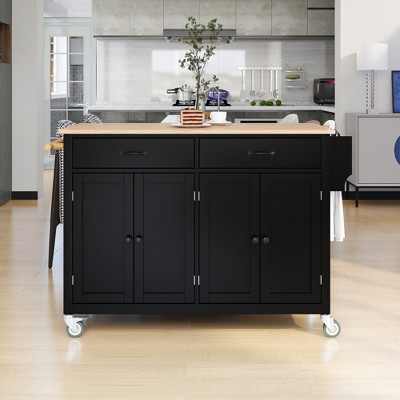 LOVSON Black 54.3" Kitchen Island Cart with Solid Wood Top - 4-Door Cabinet, 2 Drawers & Spice/Towel Racks, Locking Wheels for Stability