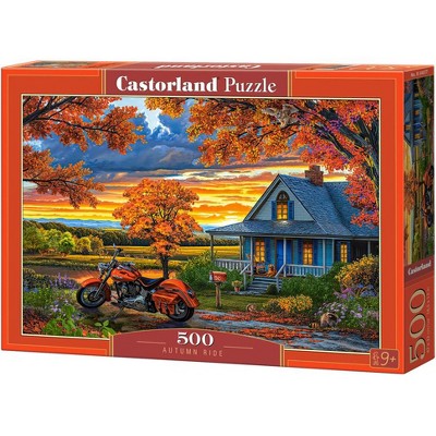 500 Piece Jigsaw Puzzle, Autumn Ride, Motorcycle and a sky ablaze with sunset colors, Classic America, Adult Puzzle, Castorland B-54077