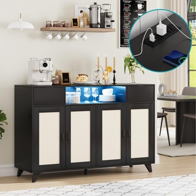 47.2" Rattan Sideboard Buffet Cabinet, 2 Drawers Accent Storage Cabinet, 4 Doors Console Table Coffee Bar With Power Outlet