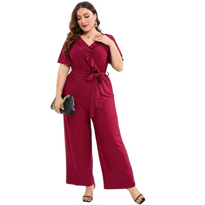 Women Plus Size Ruffle V Neck Short Sleeve Wide Leg Jumpsuits Summer Casual Belted Rompers
