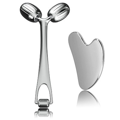 Attop Gua Sha Facial Tools and Face Roller Set, Facial Massage Tool for Women’s Cooling Stainless Steel Face Sculpting Eyes Roller Guasha