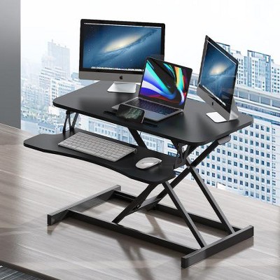 LIVAREEmlen 32'' Desk Converter, Height Adjustable Sit to Stand Riser, Dual Monitor and Laptop Workstation with Wide Keyboard Tray