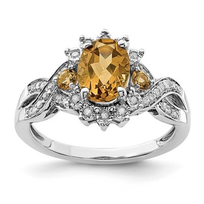 Black Bow Jewelry Oval Whiskey Quartz & .15 Ctw Diamond Halo Sterling Silver Ring