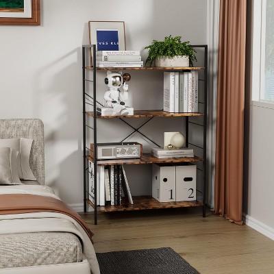 Industrial 4-Tier Bookcase - Freestanding Rustic Bookshelf with Steel Frame for Home Office, Living Room & Bedroom Storage