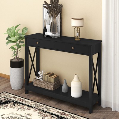ORRD Farmhouse Console Table with Drawer & Storage Shelves, Entryway Sofa Table for Living Room, Hallway Organizer，Black