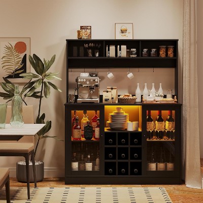Farmhouse Kitchen Buffet Pantry - Coffee & Wine Bar Cabinet with Storage, 9 Wink Racks, 6 Hooks for Dining Room, Kitchen