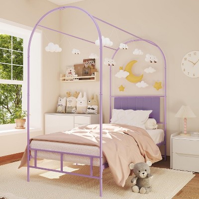 Kids Canopy Bed Frame with Headboard & Footboard,Upholstered Twin Bed Frames with Arched Mosquito Net Poles