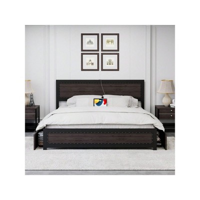 Bed Frame With Headboard, Industrial Platform Bed Frame with 4 Storage Drawers and Charge Station, Strong Metal Slats Support.