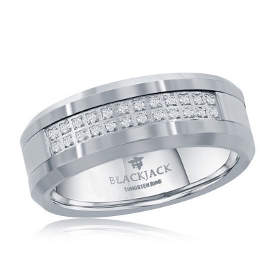 Metallo Brushed and Polished Double Row CZ Silver Tungsten Ring - Available Sizes:  9 ,  13 ,  12 ,  11 ,  10