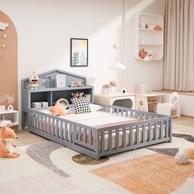 CAVINAS Full Size Wood Montessori Bed with Bookcases and Blackboards,Floor Bed with Guardrails and Storage Headboards,Toddler Bed for Bedroom