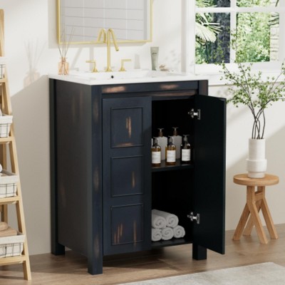 24x18x34 inch vintage style small bathroom storage cabinet with ceramic sink and dressing table