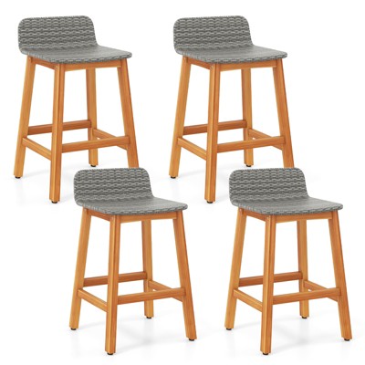 Tangkula Solid Acacia Wood Bar Stools Set of 4 Rattan Bar Height Patio Chairs for Porch