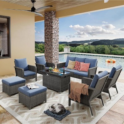 Patio Furniture Set 8 Peices with 44" Propane Gas Fire Pit Table, Outdoor Sectional Furniture Conversation Sofa Set with Cushion for Porch Backyard
