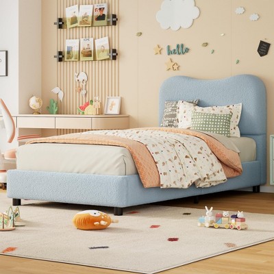 Coolmee Boucle Bed Frame with Upholstered Headboard, Soft Low Profile Sturdy Platform Bed with Rounded Corners Design, Heavy Duty, Wooden Slats