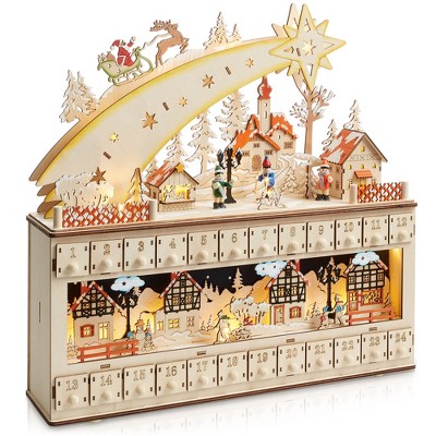 Casafield Pre-Lit Wooden Christmas Advent Calendar with Drawers, Christmas Countdown Holiday Decoration