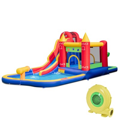 Costway 9-in-1 Inflatable Bounce Castle with Waterslide Splash Pool for 3+ without Blower/with 735W Blower