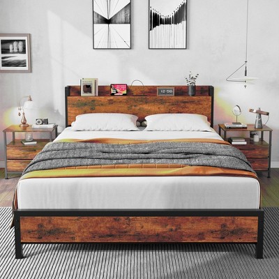Full Size Bed Frame Charging Station with 2 USB Ports & 2 AC Outlets, Heavy Duty Metal Bed Frame with Wooden Headboard and Footboard, Rustic Brown