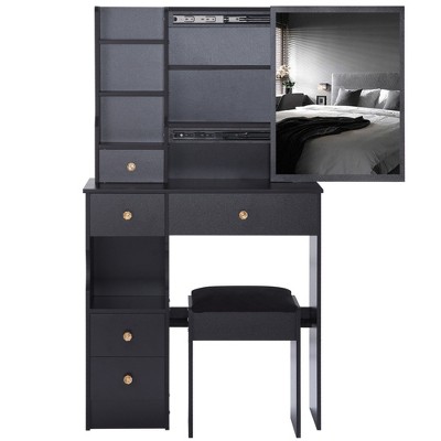 Gulches 29.2" Small Space Vanity Table Set - Left Drawer, Right Sliding Mirror, Multi-Layer Storage, Cushioned Stool, 50.4"H