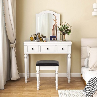 Costway Vanity Table Set Makeup Desk Cushioned Stool 3 Drawer Large Mirror White/Walnut