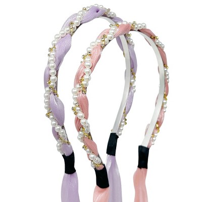 Wrapables Pearl & Rhinestone Headbands with Long Ribbon Head Wraps (Set of 2)