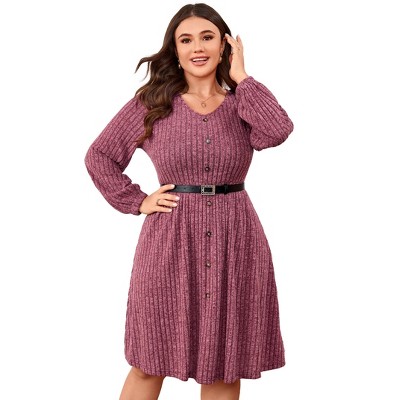 Womens V Neck Sweater Dress Lantern Long Sleeve Single Button Ribbed Knit Casual Dress with Belt