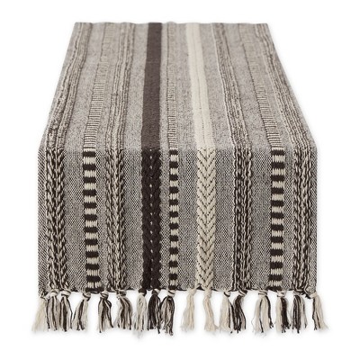 Design Imports  Braided Stripe Jacquard Fringe Table Runner, 15X108", Dark Brown