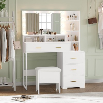 Vanity Desk Table with Chair, Mirror and 3 Modes Adjustable Brightness Lights, Makeup Vanity