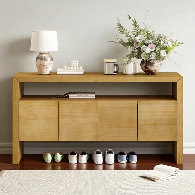 60" 4-Door Sideboard Buffet, Modern Solid Wood Veneer Storage Console with Open Shelf, Large Capacity for Living Room Dining Entryway