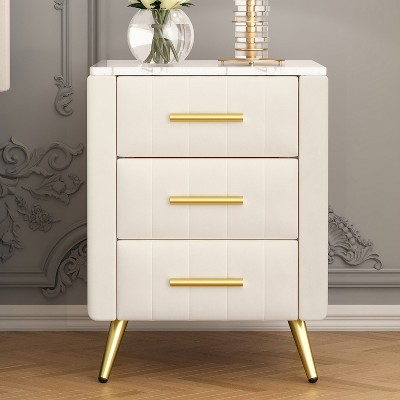 Kumasinova Luxury Wood Nightstand with Marble Top,Velvet Night Stand with Drawers,Nightstands with Metal Legs,Bedside Table for Bedroom