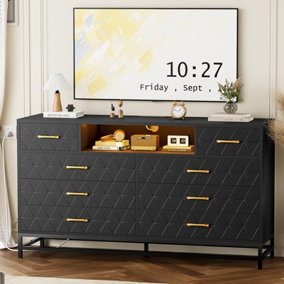 8-Drawer Dresser, 55 InchTv Stand Dressers with Led Light and Power Outlet,Entertainment Center,Storage Cabinet With Fabric Drawer,Chests Of Drawers