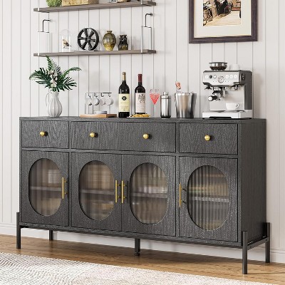 62" Large Buffet Cabinet with Storage, Sideboard with 3 Drawers and 4 Fluted Glass Doors, Coffee Bar Cabinet for Home, Kitchen, and Dining Room Use