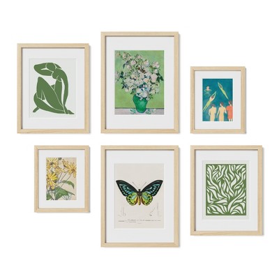 Framed Green Gallery Wall – Set of 6 Vintage Art Prints