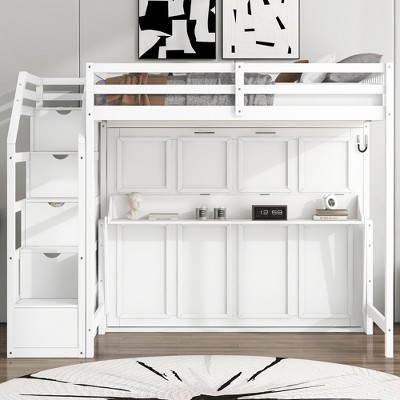 TIRAMISUBEST Full XL Size Loft Bed with Storage Staircase and Full Size Murphy Bed, Wood Bunk Bed With LED Light and Storage Staircase