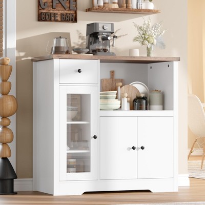 Kitchen Microwave Cabinet with Storage and Drawers, Modern Small Buffet Cabinet with Glass Doors and Adjustable Shelf