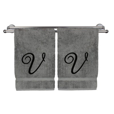 BC BARE COTTON Monogrammed Hand Towel, 100% Turkish Cotton - Set of 2 - Gray - Black Script