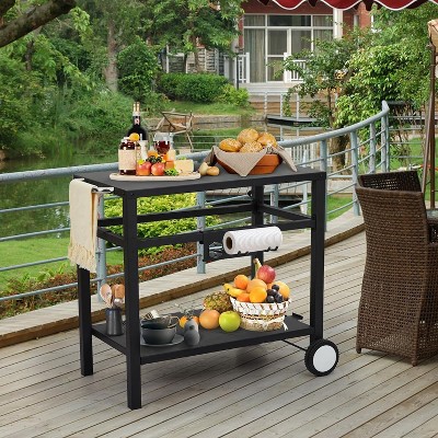 Double-Shelves Grill Table Movable Stainless Steel Flattop Grill Cart with Wheels Hooks Side Handle Pizza Oven Table