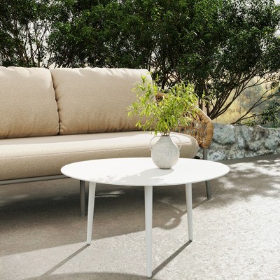POVISON 28" White Metal Outdoor Round Coffee Table, Weather Resistant Coffee Table for Deck Porch Balcony Backyard Garden