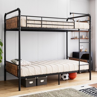 Bunk Bed Twin Over Twin Metal Bunkbeds with Ladders and 16.6 Safety Guardrail, Twin Bunk Beds for Kids, Adults and Small Spaces, No Box Spring Needed