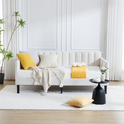 Sofa Bed, Day Bed, Twin Size Ivory Boucle Upholstered Daybed, Ribbed Tufted Backrest, Daybed in Lavish Modern Design, Richly Hued Foam Comfort