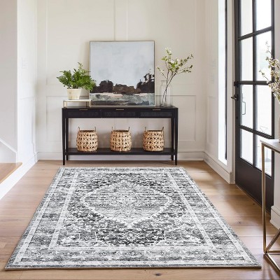 Acekool 4x6 Washable Rug - Non-Slip Indoor Floor Mat, Low-Pile Lightweight Carpet for Living Room, Bedroom, Dining Area, Red & Beige