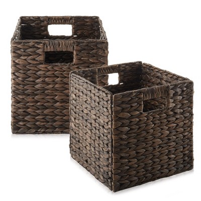 Casafield 10.5" x 10.5" Water Hyacinth Storage Baskets - Set of 2 Collapsible Cubes, Woven Bin Organizers for Bathroom, Bedroom, Laundry, Pantry