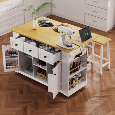 53" Rollaway Kitchen Island with Drop Leaf, Power Outlet, Storage, Side Racks, and 5 Casters