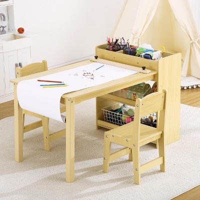 Kids Art Table and Chairs Set, Toddler Craft Play Wood Activity Desk With Large Storage