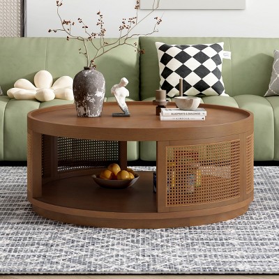 36'' Mid Century Modern Round Cane Coffee Table with Rattan Sides, MDF Wood Storage Coffee Table with Oak Veneer Top for Living Room-Coolbibila