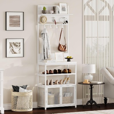 COZONY 73" White Hall Tree with Mesh Doors, Narrow Coat Rack with Shoe Storage, 7 Hooks & 3-Tier Shoe Shelf for Entryway
