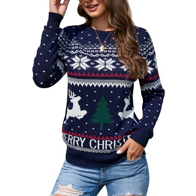 Womens Christmas Sweaters Pullover Reindeer Ugly Christmas Sweater Long Sleeve Crew Neck with Snowflakes Pattern Jacquard Knit Sweater