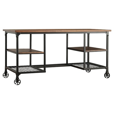 Inspire Q Merida Mixed Media Writing Desk Black: Nautical Style, Metal Frame, Open Storage Shelf