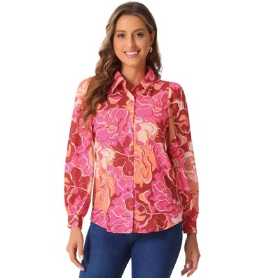 Allegra K Women's Floral Print Button Up Puff Long Sleeve Fashion Casual Blouse